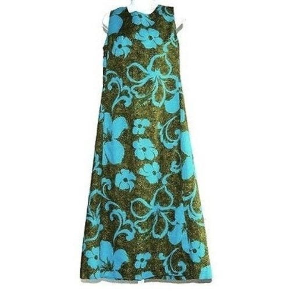 Vintage Polynesian Bazaar Maxi Dress Women 16 Blue Green Barkcloth Floral Hawaii